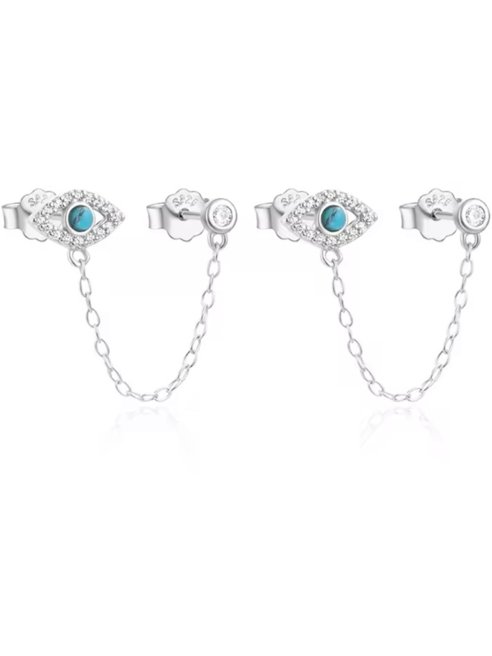 925 Sterling Silver Turquoise Evil Eye Double-Stud Chain Earrings